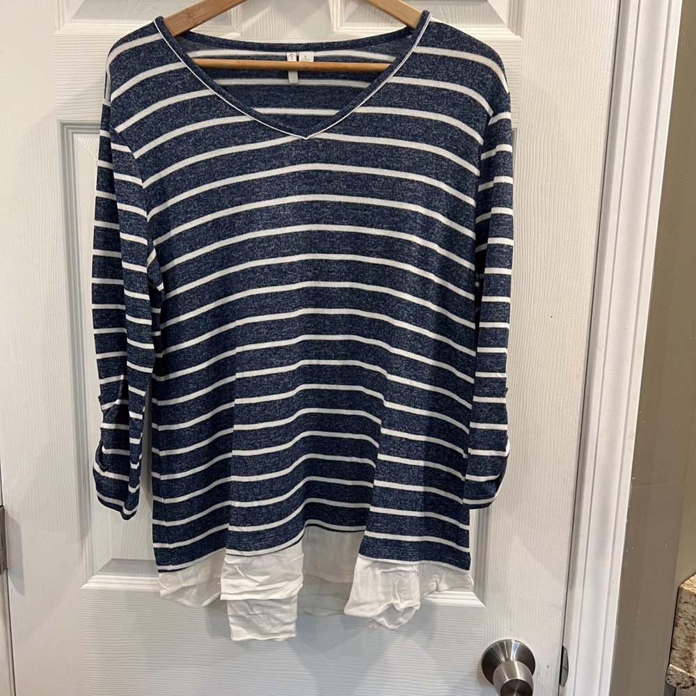 Camaieu Womens Blue White Striped V-Neck 3/4 Sleeve Layered Hem Knit Top Large